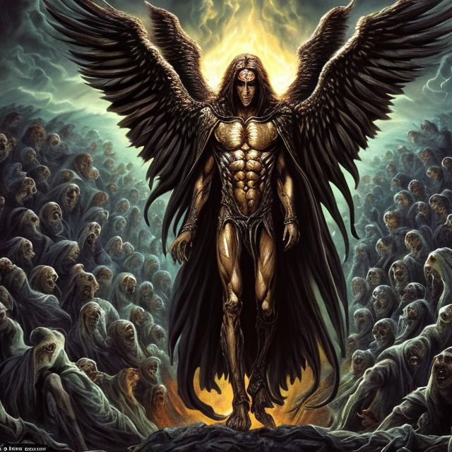 Prompt: Azrael with his 4,000 wings and a body formed by as many eyes and tongues as there are living human beings, he stands with one foot in the fourth (or seventh) heaven, the other on the razor-sharp bridge that divides paradise and hell.