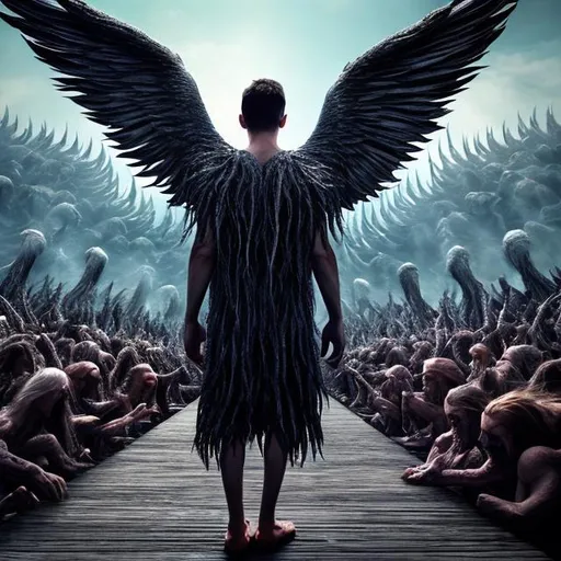 Prompt: Adriel with his 4,000 wings and a body formed by as many eyes and tongues as there are living human beings, he stands with one foot in the fourth (or seventh) heaven, the other on the razor-sharp bridge that divides paradise and hell.