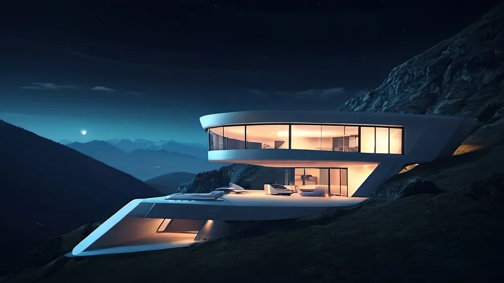Prompt: Futuristic home, night time, mountain side
