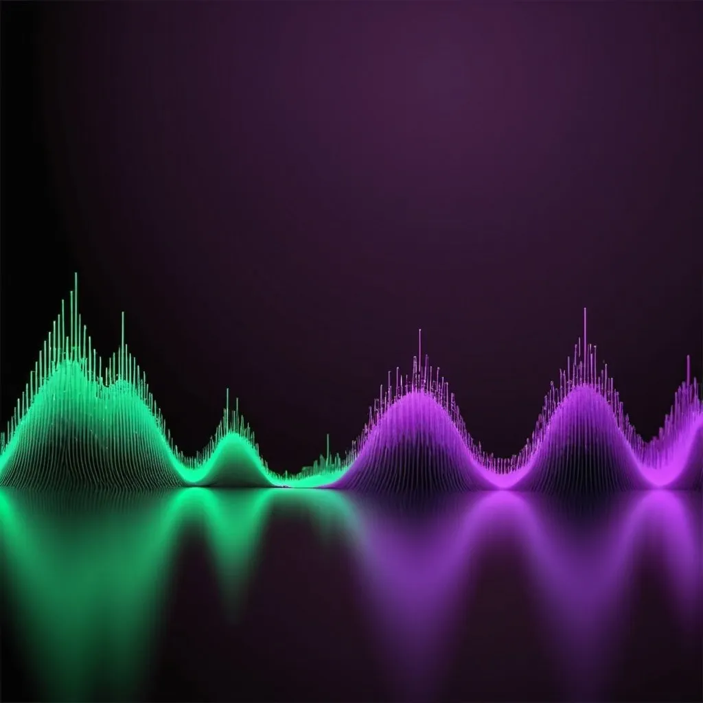 Prompt: I want a svg picture of 3D sound waves for my music player application using all variant of purple and dark green color