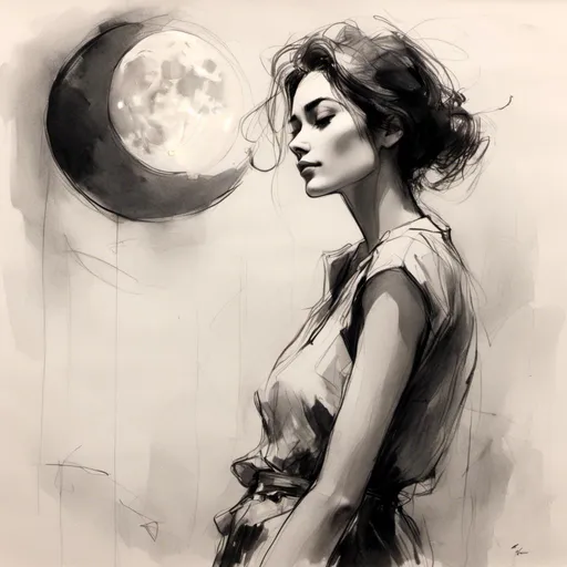 Prompt: <mymodel> woman full body in a portrait, black and white, simple sketch, looking to de moon