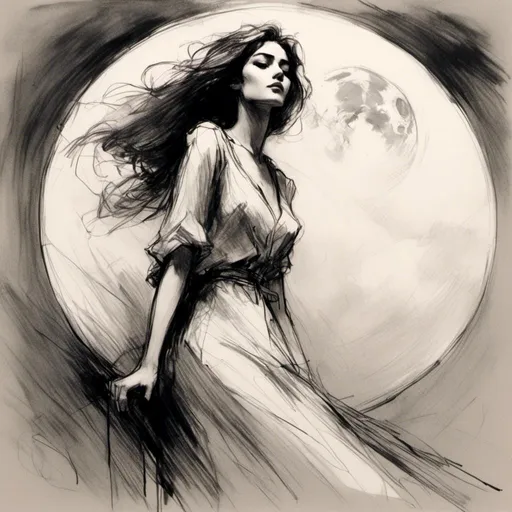 Prompt: <mymodel> woman full body in a portrait, black and white, simple sketch, looking to de moon, straight posture