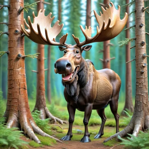 Prompt: moose in the forest hiding behind the trees. Have the moose smiling. more tress and plants in front of moose