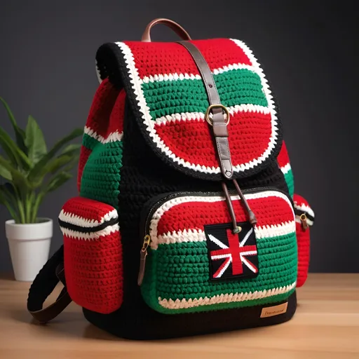 Prompt: Gorgeous crochet back pack bags with the Kenyan flag images