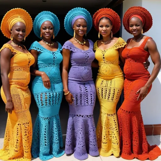 Prompt: Beautiful African ladies wearing amazing crochet dresses
