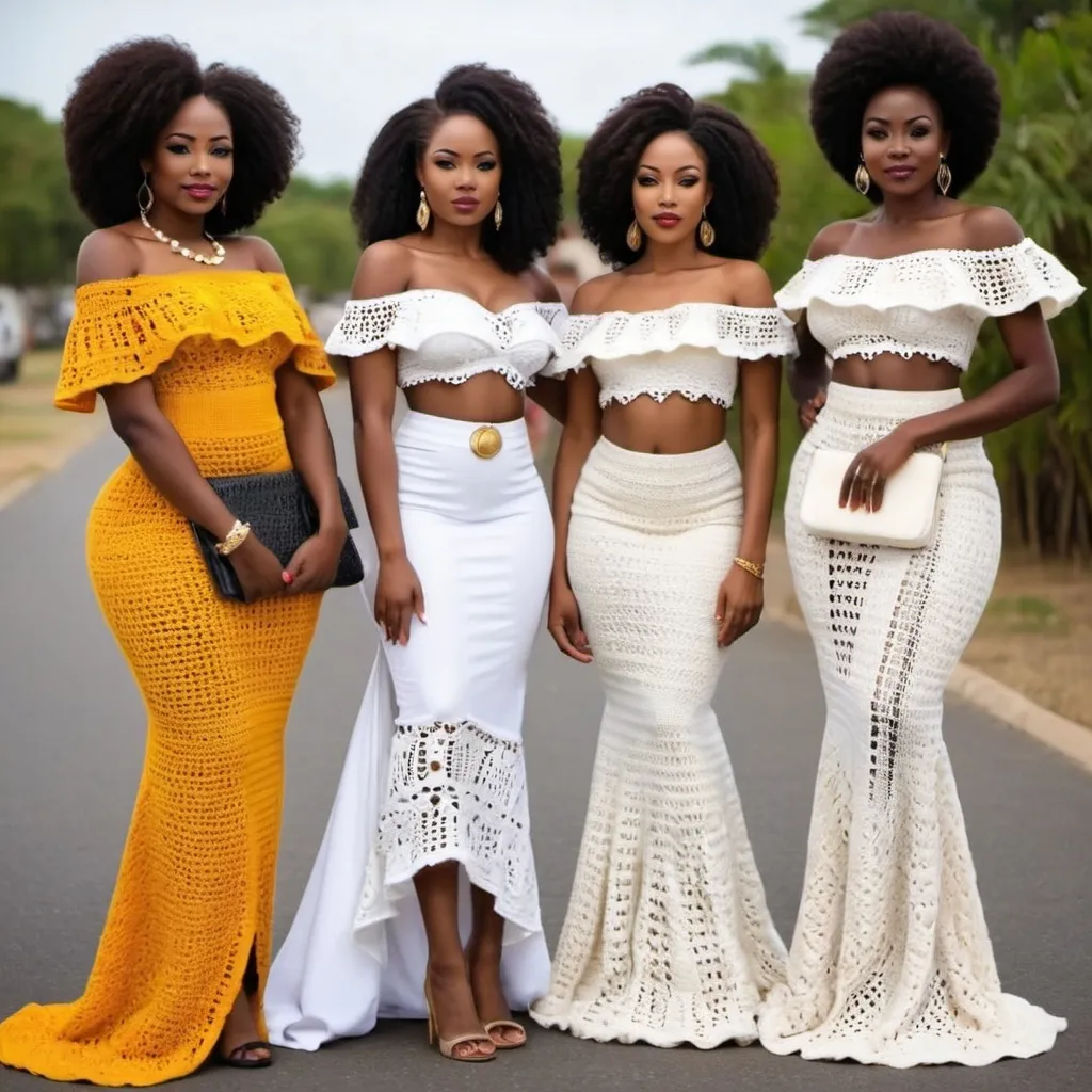 Prompt: Gorgeous African ladies wearing elegant,stylish crochet outfits 