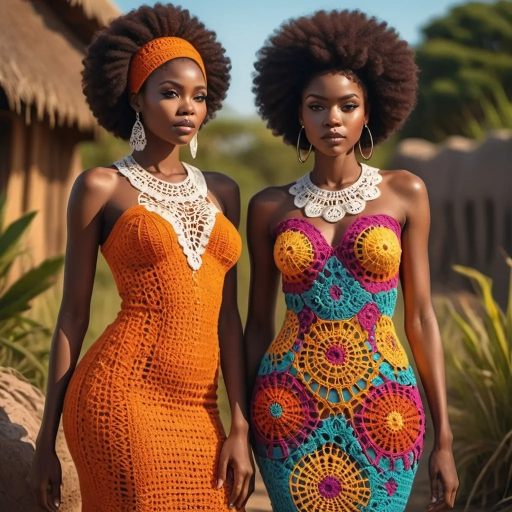 Prompt: Beautiful African ladies wearing amazing crochet dresses