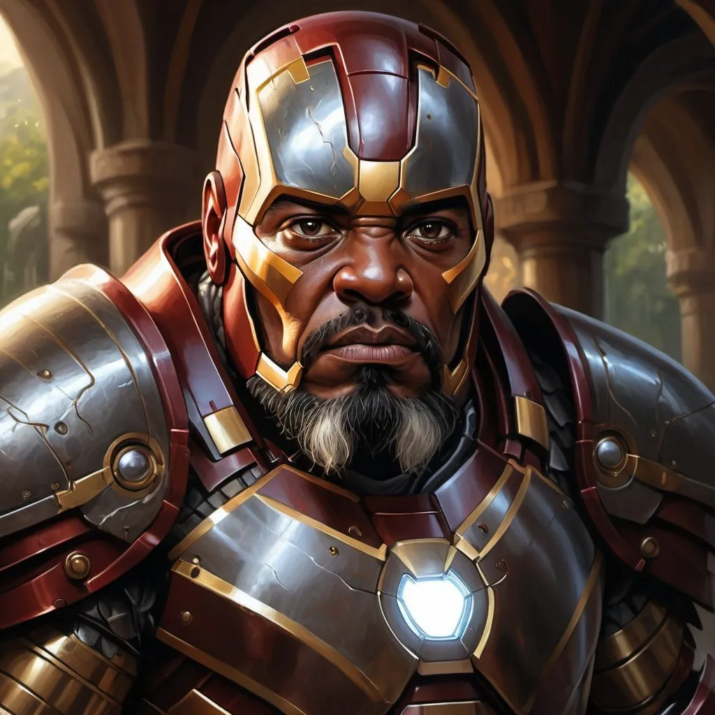 Prompt: Detailed illustration a dwarf dark skin fantasy iron man armor , realistic digital painting, intricate armor details, intense facial expressions, mythical creatures in the background, high quality, realistic, fantasy, detailed armor, intense expressions, mythical creatures, digital painting, epic fantasy setting, professional, atmospheric lighting