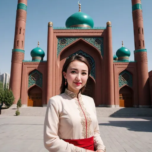 Prompt: Posed for the camera next to the Id Kah Mosque in Urumqi, Xinjiang, China, wearing a luxurious summer outfit