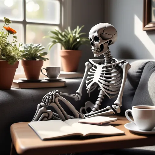 Prompt: Pretty grey skeleton, lounging on a cozy couch, daydreaming with a whimsical expression, working on a vintage notebook, light filtering through a nearby window casting soft shadows, warm tones creating a romantic ambiance, charming details like scattered coffee mugs, vibrant plants in the background, sunlight shining in, longing but hopeful vibe, ultra-detailed, HD.