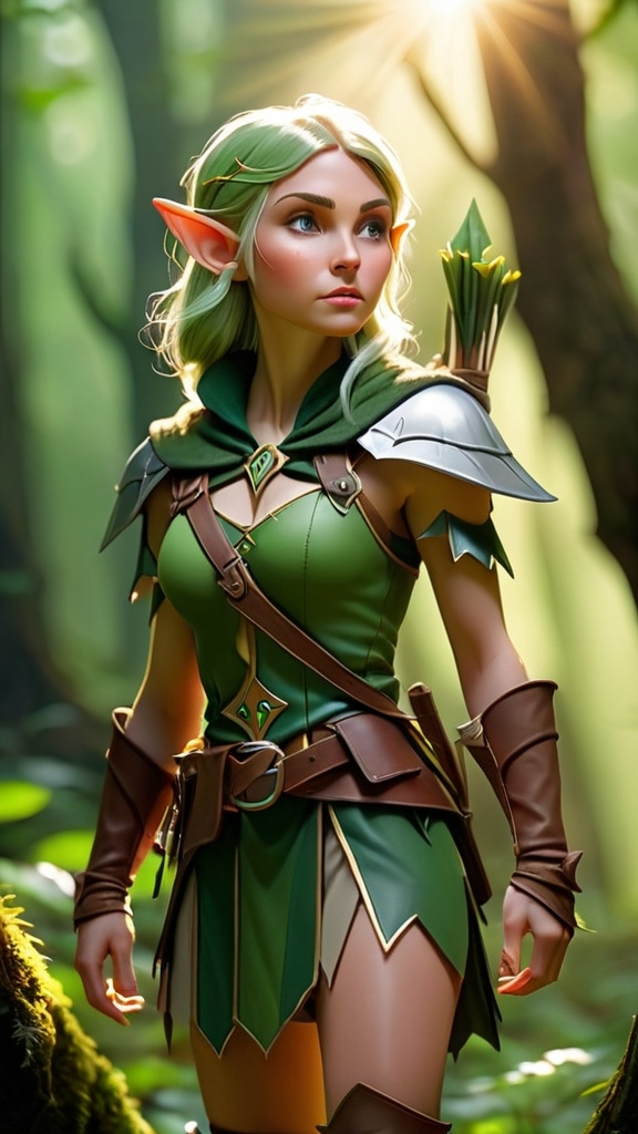 Prompt: Elf ranger in a mystical forest around sunlight