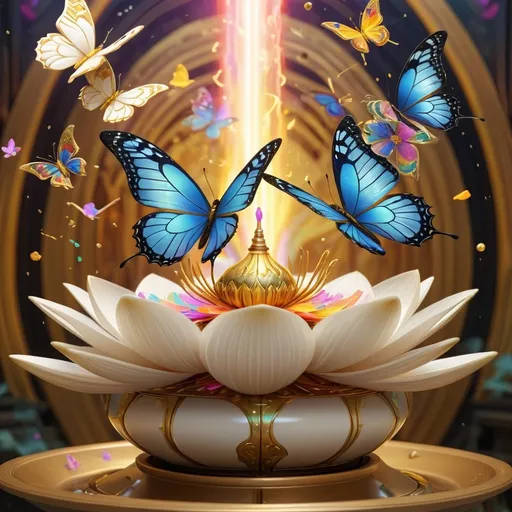 Prompt: union between souls splash art,rainbow lotus,,scintillant cosmos rainbowl,cybergpunk background, cyborg filament powerfull majestic tttt flames ,butterflies, with golden eys, adorable ,majolica, kintsugi,golden , futuristic architecture, white, creme, covered in intricate floral bioluminescen