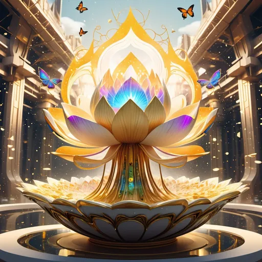 Prompt: union between souls splash art,rainbow lotus,,scintillant cosmos rainbowl,cybergpunk background, cyborg filament powerfull majestic tttt flames ,butterflies, with golden eys, adorable ,majolica, kintsugi,golden hour,, futuristic architecture, white, creme, covered in intricate floral bioluminescen