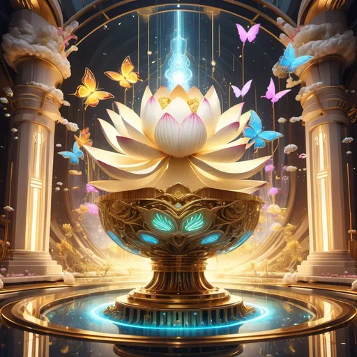 Prompt: union between souls splash art,rainbow lotus,,scintillant cosmos rainbowl,cybergpunk background, cyborg filament powerfull majestic tttt flames ,butterflies, with golden eys, adorable ,majolica, kintsugi,golden hour,, futuristic architecture, white, creme, covered in intricate floral bioluminescen