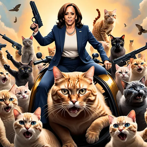 Prompt: make a picture of Kamala Harris riding a giant cat holding a gun with a hundreds of cats following her