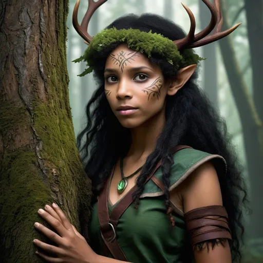 Prompt: Born under the auspices of the Whispering Woods' most revered tree, Ariael's life has been one of harmony and symbiosis with nature. Her earliest memories are of playing with the woodland creatures and learning the ancient lore of her people from the whispers of the trees. As the only child of the current Forest Guardian and a renowned druid, Ariael's upbringing was steeped in the sacred responsibilities of her lineage. From a young age, she exhibited an uncanny ability to commune with the flora and fauna of her realm, leading to her being groomed as a potential successor to her mother's role. Her education was as diverse as the forest itself, encompassing the art of healing, the subtleties of diplomacy, and the fierce defense of the natural balance.

As Ariael grew, she became a skilled archer and spellcaster, utilizing her elven agility and the wisdom of the forest to protect her kin from the ever-encroaching threats of the outside world. Her prowess earned her the respect of her peers and the admiration of those who knew of her deeds. Yet, she remained humble, her heart ever tied to the whispers of the trees and the gentle hum of the forest floor beneath her feet. Her background is a tapestry of quiet moments of solitude among the trees, intense battles against the shadows that sought to claim the woods, and the solemn rites of passage that have shaped her into the guardian she is today.