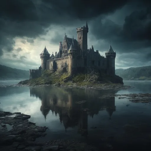 Prompt: A castle in the middle of a poisoned lake