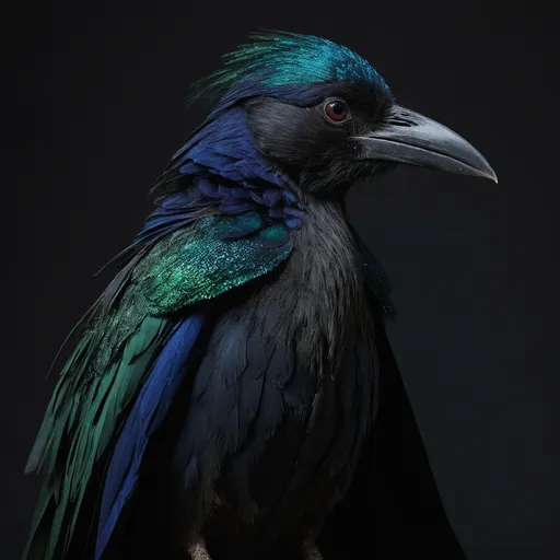 Prompt: In the heart of a mystical realm, where shadows dance with the whispers of ancient secrets, a male Kenku emerges, a striking figure cloaked in the enigmatic allure of his avian heritage. His feathers shimmer with an iridescent sheen, ranging from deep midnight blues to vibrant emerald greens, each plume a testament to his agility and grace. With sharp, obsidian eyes that glint like polished gemstones, he possesses an uncanny ability to mimic sounds and voices, a gift that both fascinates and bewilders those around him. Draped in a patchwork of scavenged leather and cloth, his attire is adorned with talismans and trinkets collected from his travels—each one holding a story of its own. His slender, agile frame is equipped for stealth, allowing him to flit through the underbrush like a flickering shadow, ever alert to the world’s whispers. As he navigates the bustling streets of a vibrant city or the serene depths of a lush forest, the male Kenku embodies the spirit of curiosity and cunning. Though he cannot speak in his own voice, his clever mimicry and expressive gestures convey a depth of emotion and intelligence, making him a captivating companion in any adventure. With a heart filled with wanderlust and a mind brimming with aspirations, this Kenku is on a quest not only for knowledge but also for a place to call home, where he can finally find his true voice amidst the tapestry of a fantastical world.