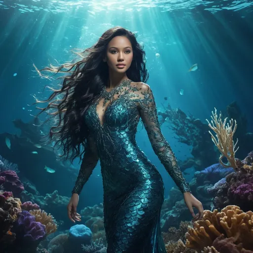 Prompt: In the shimmering depths of a cerulean sea, where sunlight dances upon the waves and coral reefs bloom like vibrant gardens, dwells the enchanting female Adaro. With a silhouette that seamlessly merges the elegance of a mermaid and the fierce spirit of a warrior, she possesses long, flowing hair reminiscent of cascading seaweed, glistening with droplets of saltwater that sparkle like diamonds. Her emerald-green skin, adorned with intricate patterns of bioluminescence, glows softly in the twilight hours, revealing her ethereal beauty and connection to the ocean's mysteries. Her eyes, deep and mesmerizing like the abyss, reflect both wisdom and mischief, holding the secrets of ancient tides and the stories of lost sailors. Clad in garments woven from the finest strands of ocean kelp and adorned with shells and pearls, she moves gracefully through her underwater kingdom, commanding respect from the myriad creatures that call the sea home. The female Adaro is not just a guardian of the ocean but also a fierce protector of her realm. With the ability to summon powerful currents and communicate with sea life, she stands as a formidable force against those who threaten the delicate balance of her world. Legends speak of her enchanting voice, which can lull storms to sleep or summon the fury of the ocean, depending on her will. As both a mystical allure and a fearsome protector, the female Adaro embodies the deep, uncharted magic of the sea, captivating all who dare to glimpse her world.