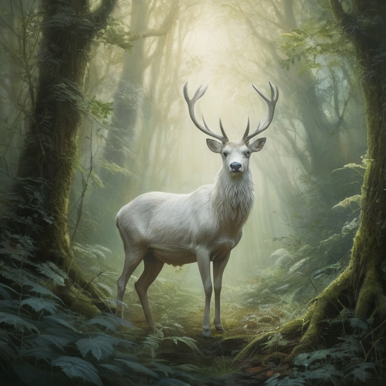 Prompt: A painting of a white stag, in a mysterious forest