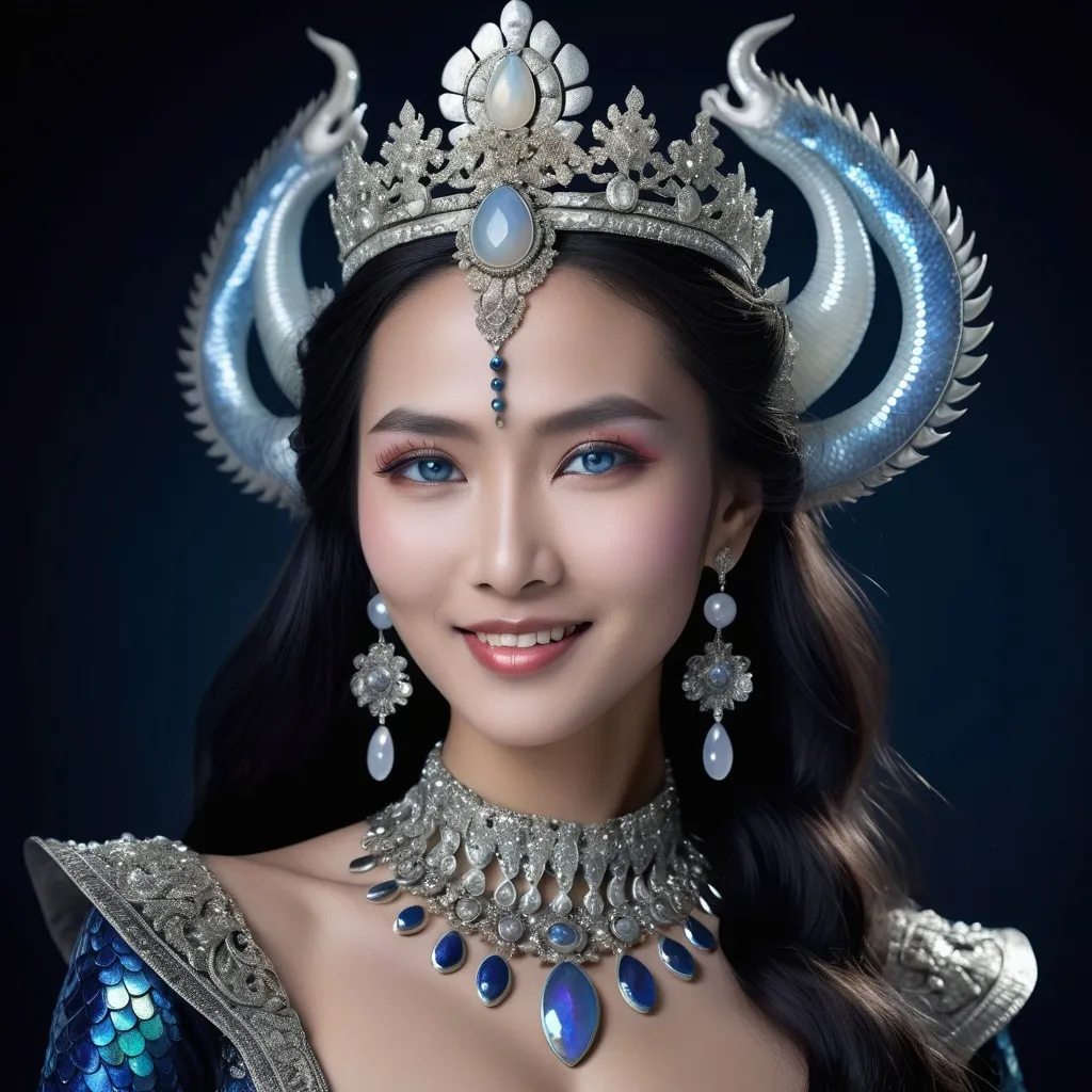 Prompt: Naga, female, 270 years old, deep iridescent blue scales, silver moonlit patterns, alabaster skin, silver-blue eyes, moonstone-adorned hair, crown of crystallized moonbeams, regal jawline, high cheekbones, warm enigmatic smile, graceful features, long black hair, silver beads, elegant woman upper body, serpentine lower body, sharp yet graceful, crystal flute, lunar magic, moonlit magic, guardian of the night, harbinger of moon's judgment, introspective, pragmatic, aloof, duty-bound, empathetic, night-loving, fluid movements, strategic mind, charming diplomat, deadly precise combatant.