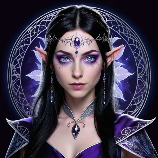 Prompt: half-elf, female, mid-twenties appearance, piercing silver-blue eyes, pointed ears, inky black hair with silver streaks, 5'10" height, translucent pale skin, deep purple and midnight blue robes, arcane glow, intricate celestial patterns, silver circlet, amethyst and sapphires, elven lineage, glowing moonflower tattoo, nimble fingers, ancient tome enthusiast, secluded mountain tower, floating owl familiar, night-loving, aloof, sharp wit, charming speech, archaic language, star-