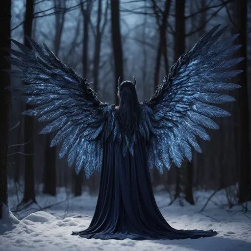 Prompt: Lysara Nightwhisper is a stunning creature of the night, her large, feathered wings folded neatly against her back a stark contrast to the moonlit forest she calls home. Standing tall at nearly seven feet, her lithe body is covered in a downy, shimmering coat of midnight blue that seems to absorb the very light around her, making her almost invisible when she desires to be. Her face, with its sharp, angular features, is framed by a majestic halo of feathers that flow from her crown like the petals of a night-blooming flower, each one tipped with an iridescent sheen that shimmers with the hues of a nocturnal sky. Her eyes, two gleaming orbs of amber, pierce through the darkness with an unrivaled sharpness, and her beak, though delicate in appearance, is capable of delivering a powerful and precise strike. Her legs are long and muscular, ending in sharp talons that can grip onto the highest branches with ease, while her hands are adorned with three slender, nimble fingers and an opposable thumb, allowing for intricate manipulation of the tools she crafts.