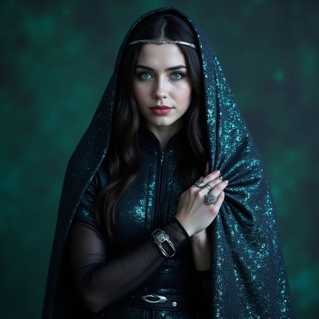 Prompt: Elara Castellanos is an enigma wrapped in a cloak of shimmering midnight-blue fabric that seems to change hue with the light. Her raven hair cascades down to her waist, often adorned with a silver circlet holding back locks that might otherwise obscure her piercing emerald eyes. Her skin is pale as moonlight, with a subtle ethereal glow that hints at the arcane power coursing through her veins. Standing at a regal six feet, she has a lean, athletic build that suggests both strength and grace. Her features are sharp and angular, yet delicate, with high cheekbones, a pointed chin, and a straight, narrow nose. A thin, silver scar traces the path of a lightning bolt from her left temple to the corner of her mouth, a testament to a past battle with a rogue elemental spirit. Her hands, long and slender, are often adorned with rings that sparkle with an inner light, each one a gateway to a different realm of magic. Her attire is a blend of the ancient and the avant-garde, a flowing robe of the finest velvet overlaid with intricate lace, with the occasional metallic embroidery that whispers of the arcane. The hem of her robe brushes the ground, revealing boots of polished l