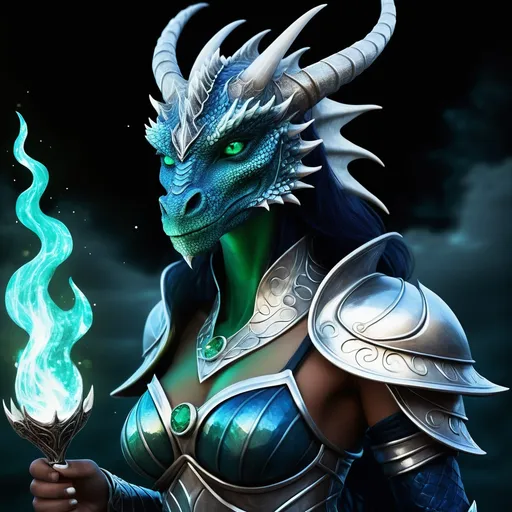 Prompt: Aria Stormbringer, a majestic and enigmatic dragonborn, stands tall at nearly 7 feet with scales the deep blue of a midnight sky, adorned with silver-white accents that swirl and ripple like distant auroras. Her eyes are piercing emerald orbs that seem to flicker with the intensity of a dragon's flame. Her face, a harmonious blend of draconic fierceness and elvish grace, is framed by a wild mane of silver hair that cascades down her back and shimmers with the light of the moon. Her horns, a pair of elegant spirals that rise from her forehead, curve back like the wings of a mythical phoenix. Her physique is lithe and powerful, reminiscent of the agility of a dragon in flight. Her tail, long and muscular, is tipped with a cluster of sharp spikes that she wields with the precision of a warrior's blade. Her attire is minimal yet striking: a sleek set of mithral armor, scaled to match her own, that leaves her arms and legs free to move, and a cloak made from the iridescent scales of a fallen dragon. A silver amulet in the shape of a stormcloud, a gift from her mother, rests against her chest, pulsating gently with an inner light.