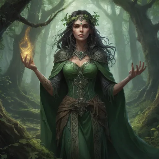 Prompt: Elaraine's tale begins in the verdant lands of Thistlewood Forest, a realm steeped in the arcane and the mystical. Born to a lineage of powerful druids, she was destined to protect the natural order. However, fate had other plans for her. A necromancer's curse ravaged her village and claimed the lives of everyone she loved. Driven by grief and a burning desire for vengeance, Elaraine delved deep into the forbidden arts, seeking the power to bring the dead back to life and restore her homeland.

Her quest led her down a dark path, one that culminated in her becoming a Liche. The transformation was a pact made with the very essence of decay, and in exchange for her soul, she gained mastery over the undead and eternal life. Over the centuries, Elaraine has become a renowned figure, feared and revered in equal measure.

Her thirst for knowledge grew unquenchable, and she amassed tomes of forgotten lore and artifacts of immense power. Her phylactery, a crystal heart nestled within a crypt hidden deep in the forest, is said to hold the secrets of resurrecting the long-dead trees that once towered over the lands.

Now, she rules her decaying forest kingdom, a twisted reflection of its former glory, with a gentle yet iron fist. She is both guardian and blight, a beacon of hope for the lost souls who seek her guidance, and a harbinger of doom for those who dare to threaten her realm.