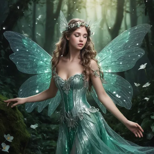 Prompt: In the enchanting realm of Eldoria, where the air shimmers with magic and the moonlight bathes the glades in silver, there exists a captivating female fairy named Lumina. With delicate wings that glisten like dewdrops at dawn, she flits gracefully between the vibrant petals of enchanted flowers. Her hair, a cascade of shimmering emerald, dances in the gentle breeze, adorned with tiny blossoms that seem to bloom just for her. Lumina's eyes, a deep shade of sapphire, hold the secrets of ancient forests and the wisdom of the stars, sparkling with mischief and kindness alike. Dressed in a gown woven from the softest spider silk and adorned with intricate patterns of glittering stardust, she embodies the essence of nature’s beauty. Lumina possesses a warm, melodic laughter that can soothe even the most troubled hearts and a gentle touch that can heal the fragile creatures of her woodland home. Known as the Guardian of the Glimmering Grove, she is fiercely protective of her sanctuary, using her magic to bring life and light to the shadows. With a heart as boundless as her imagination, Lumina embarks on daring adventures, seeking to forge bonds between the fairy realm and the world of humans while spreading joy and wonder wherever her wings take her.