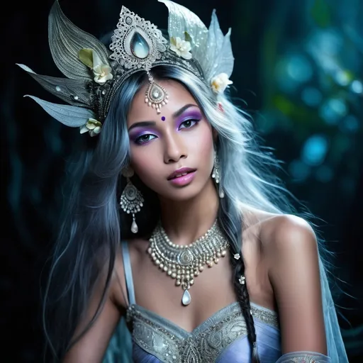 Prompt: Lila-Sara is a creature of ethereal beauty, a prime example of an Apsara, the celestial nymphs of ancient myth. Her skin, a soft shade of moonlit silver, glows with an inner light that seems to dance and flicker with every step she takes. Her hair is a cascade of silk-like strands, each a unique color of the rainbow, which she often wears adorned with delicate flowers from the realms of the gods. Her eyes, the color of the deepest oceans, hold a wisdom that belies her youthful countenance. They are framed by lashes so long and dark, they appear to be painted by the finest of brushes. Her features are delicately sculpted, with high cheekbones and a gentle, rounded jawline that gives her face a heart-shaped elegance. Her smile is warm and inviting, revealing teeth that gleam like pearls, and her nose is a perfect button that sits above full, sensuous lips that curve upwards at the corners, hinting at a mischievous sense of humor. Her frame is petite yet athletically built, with graceful limbs that move in harmony with the air around her, as if she's always floating in a gentle breeze. Her fingers are long and slender, tipped with nails that are like shimmering opals. Each of her steps leaves behind a trail of glowing petals, a sign of her grace and the divine magic she carries within her.