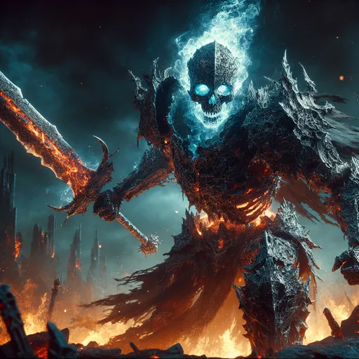 Prompt: "A skeletal warrior encased in jagged obsidian armor emerges from the smoldering ruins of an ancient battlefield. His eyes burn with a cold, blue flame, and his sword—crafted from molten rock—leaves trails of ash and fire with every swing. The ground beneath him cracks and glows as if unable to contain the intensity of his cursed power."