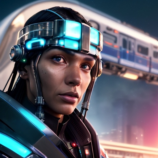 Prompt: determined locomotive engineer guiding a futuristic monorail across the frontier, close-up portrait, close up