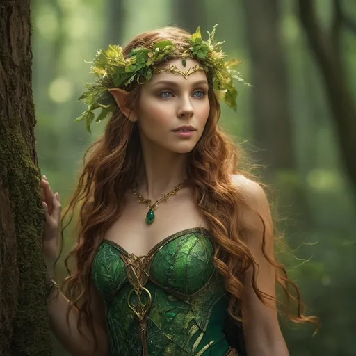 Prompt: In the heart of the ancient, whispering woods, where sunlight filters through a canopy of emerald leaves, resides a female Forest Elf, a captivating embodiment of nature's grace and magic. Her ethereal beauty is enhanced by cascading hair that resembles molten gold, intertwined with delicate flowers that bloom in vibrant hues. With skin like the soft bark of an ancient tree and eyes that shimmer like dew-kissed emeralds, she moves with an elegance that seems to echo the gentle sway of the forest itself. Adorned in flowing garments crafted from the finest silks and adorned with intricate patterns reminiscent of the forest flora, she blends seamlessly into her surroundings. Her presence is accompanied by the soft sounds of nature: the gentle rustling of leaves, the distant call of songbirds, and the soothing trickle of nearby streams. Gifted with an innate connection to the earth, she possesses the ability to communicate with woodland creatures and harness the healing properties of the natural world. As a guardian of the forest, she wields a slender staff topped with a glowing crystal, a symbol of her lineage and power. With a heart as fierce as it is compassionate, this Forest Elf protects her realm from encroaching darkness and seeks to preserve the delicate balance of nature. In her presence, one can’t help but feel the allure of adventure and the whisper of ancient secrets waiting to be unveiled.