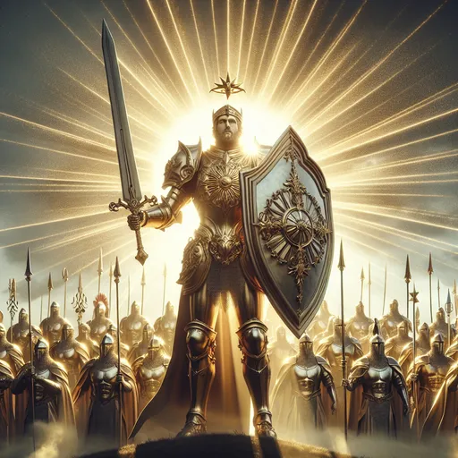 Prompt: "A heroic knight clad in radiant, gold-plated armor stands on a hill, sword raised high as a new sun rises behind them. Their shield reflects the blinding light, creating a halo-like effect. Around them, a celestial army assembles, each soldier glowing faintly with the light of dawn, ready to march into battle."