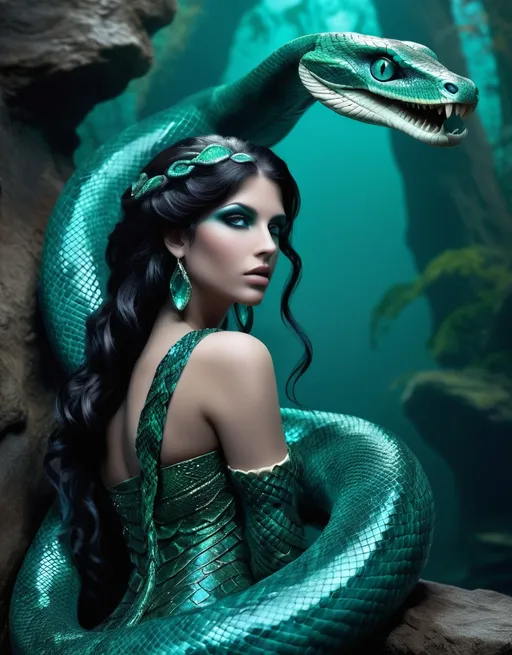 Prompt: Thalassia Eveershade is a 180 year old Lamia, she is captivating, her upper body a mesmerizing blend of human and snake. Her eyes, a deep turquoise, sparkle with the wisdom of the ancients. Long, dark cascades down her back, contrasting with her emerald scales that shimmer in the moonlight. Her lower half is a sleek, powerful serpent, scales transitioning to a velvety black. Her human torso is adorned with intricate, gold-inlaid tattoos that tell the story of her lineage and battles won. She at an elegant 6' tall, wielding a curved dagger with a sapphire pommel, hinting at her noble status within her clan.