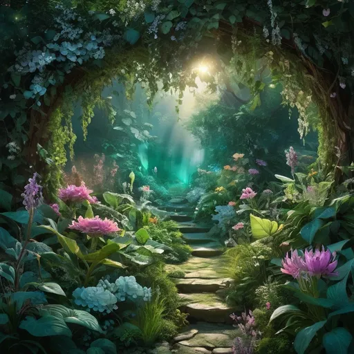 Prompt: Enchanted garden with glowing plants that emit soft light