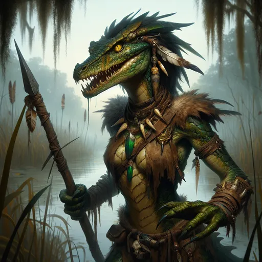 Prompt: "A fierce and imposing female lizardfolk stands at the edge of a murky swamp, her reptilian form blending seamlessly with the wild, untamed environment. Her emerald-green scales shimmer faintly in the dim light, streaked with earthy hues of brown and gold. Her sharp yellow eyes gleam with predatory focus, and her long, muscular tail flicks behind her as she surveys her surroundings. She wears primitive armor crafted from bone, hide, and scavenged metal, adorned with trophies of her hunts—claws, teeth, and feathers. Her neck is encircled by a necklace of carved jade stones, glowing faintly with an aura of ancient magic. In her clawed hands, she grips a long spear tipped with a jagged shard of obsidian, its edges glinting menacingly. The swamp around her is alive with sounds: the croak of frogs, the rustle of reeds, and the faint ripple of unseen creatures moving beneath the surface. Mist rises from the water, diffusing the light of the setting sun and casting her shadow long and foreboding. Her stance exudes both strength and cunning, embodying the primal essence of the swamp's most skilled predator and protector."