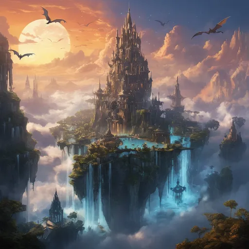 Prompt: Skyborne Sanctuary
"A majestic city built on floating islands, suspended above a sea of clouds under a glowing sunset. Cascading waterfalls spill over the edges of the islands, evaporating into mist before reaching the clouds below. The architecture is a harmonious blend of gothic and futuristic, with spires adorned with luminous crystals. Flying creatures, resembling a mix of dragons and birds, glide between the islands. The atmosphere is serene and awe-inspiring, with intricate details on the structures and dynamic lighting from the setting sun."