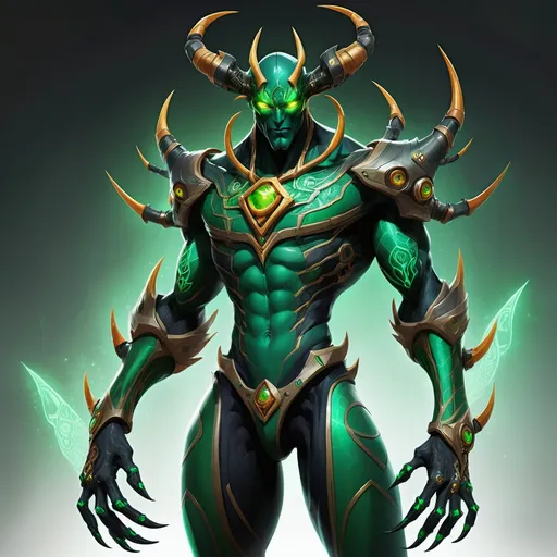 Prompt: Kr'zax stands tall at 7 feet, with a sleek, exoskeletal frame of emerald green. His four arms, tipped with sharp, dextrous claws, are covered in intricate, glowing tattoos that pulse with an inner light. His three eyes, arranged in a triangle on his face, are a piercing shade of amber, and his antennae twitch with curiosity and emotion. A mane of vibrant blue feathers cascades down his back, each one a symbol of his achievements and battles won. His legs, ending in powerful, crab-like pincers, allow him to move swiftly across the desert sands of Athas.