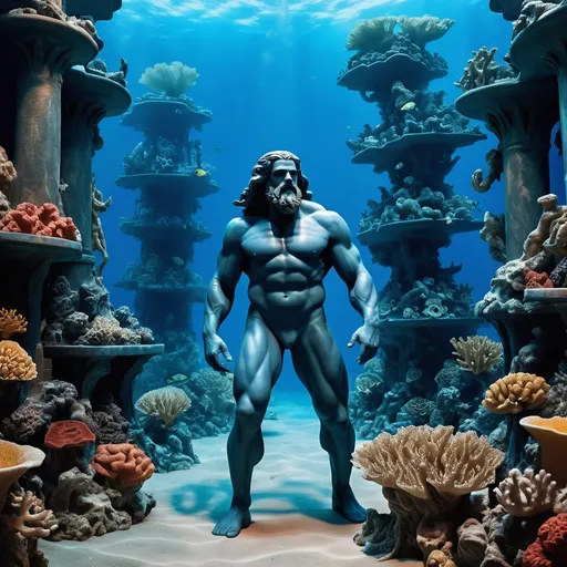 Prompt: Thalassios Maris, or simply Thal to those who dare breathe his name in the coral-laden halls of Atlantis, stands as a testament to the grandeur of the deep. With a lean, muscular build that's sculpted from centuries of navigating the ocean currents, he towers at an impressive six and a half feet tall. His skin, a mesmerizing blend of deep sea blues and emerald greens, shimmers with bioluminescent patterns that dance like the aurora of the ocean floor. His hair, a wild tapestry of kelp-like strands, flows like a crown of seaweed, often adorned with pearls and iridescent shells. Thal's eyes, the color of polished amber, pierce through the water with a sharpness that belies his ancient lineage. His tail, a masterpiece of evolutionary artistry, is a powerful blend of human and marine life, ending in a flourish of gleaming scales that whisper of his swiftness. Each scale shimmers with a pearlescent sheen, reflecting the playful darts of light from the sunlit surface above. His hands and feet are webbed, yet dextrous, allowing him to manipulate the artifacts of his world with the grace of a dolphin. His body, while human in its upper form, transitions seamlessly into the sleek and muscular tail of a creature born of the sea.