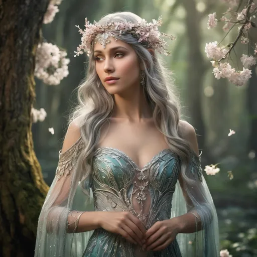 Prompt: In the heart of an ancient, enchanted forest, where the trees whisper secrets and the air shimmers with magic, resides a female Eladrin, a being of ethereal grace and elegance. Her hair flows like liquid silver, catching the dappled sunlight as it dances around her shoulders, adorned with delicate blossoms that bloom only in the presence of her kind. Her skin glows with a soft, luminescent sheen, reflecting the changing seasons—pale and cool in the winter, sun-kissed in the summer, and kissed by autumn’s warm hues. Dressed in flowing robes woven from the finest silks, the fabric shifts colors with her mood, mirroring the vibrant landscape around her. She embodies the essence of nature’s beauty, her almond-shaped eyes sparkling like emeralds, holding ancient wisdom and a hint of mischief. This Eladrin moves with a fluidity that seems to defy gravity, her every step leaving a trail of bioluminescent petals that linger in the air, an enchanting reminder of her presence. Gifted with the power to manipulate the very fabric of time and the elements, she is both a fierce protector of her realm and a playful spirit of the woods. The very creatures of the forest are drawn to her, seeking her guidance and companionship. With a gentle smile and a heart full of compassion, the female Eladrin embraces her role as a bridge between worlds, weaving magic and harmony wherever she roams.