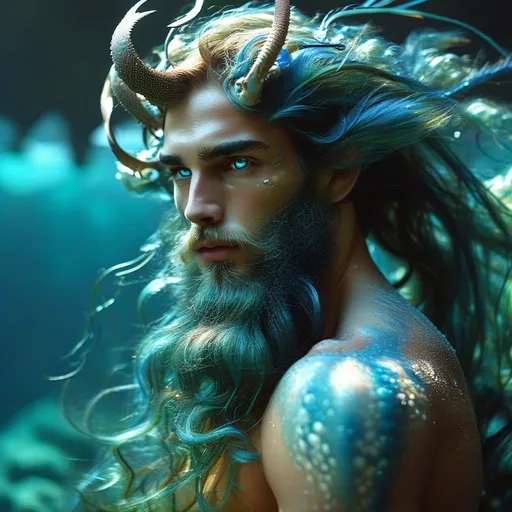 Prompt: Lysander Marin is a Triton of regal bearing, his eyes a piercing cerulean blue that mirror the vast oceans of his birthplace. His long hair, a mesmerizing blend of deep sea greens and blues, flows in the currents like kelp forests, often adorned with pearls and seashells that reflect the soft bioluminescence of his underwater kingdom. Standing at a towering height of six-and-a-half feet, his physique is sculpted from centuries of navigating the treacherous waters of the deep, his muscles rippling with the grace of a dolphin. His skin is a rich turquoise hue, shimmering with an iridescent sheen that can change from electric blue to emerald in the shifting light. A finned tail, a symbol of his royal lineage, replaces his lower body, granting him unparalleled speed and agility in the ocean's embrace. Above the waist, Lysander is humanoid, with broad shoulders and a chiseled torso, each feature seemingly carved by Poseidon himself. His hands are webbed, and his fingers tipped with sharp, translucent nails capable of slicing through water—or the flesh of his enemies. Two delicate gills flutter at his neck, allowing him to breathe the briny air of his realm with ease.