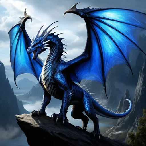 Prompt: Zephyrion Stormbringer is a majestic creature of mythic proportions, a testament to the proud lineage of the Dragonborn. His scales, a breathtaking spectrum of azure and sapphire, shimmer in the light, reflecting the ever-changing mood of the skies. A pair of mighty wings, tipped with silver and edged with midnight blue, unfurl from his back, spanning over thirty feet from tip to tip. His tail, adorned with intricate, iridescent scales, whips with the grace of a serpent and the power of a tempest. His horns, curving elegantly back from his forehead, are the color of polished bone, hinting at the ancient wisdom that resides within. His eyes, pools of molten gold, hold a fierce intelligence and a touch of mischief that seems at odds with his stoic demeanor. Standing at an intimidating eight feet tall, Zephyrion is a towering figure, yet his movements are fluid and precise, as if he's dancing with the very air around him.