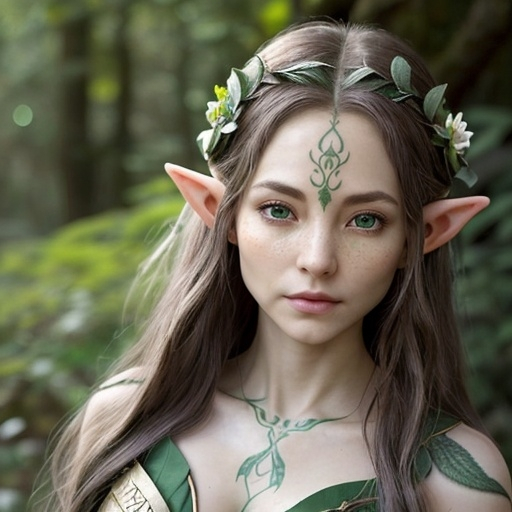 Prompt: half-elf/dryad, sage green skin, glowing, emerald-gold eyes, elven elegance, natural robustness, intricate wooden tattoos, seasonal leaf attire, flowing hair with vines and flowers, gossamer-covered hooves, ethereal beauty, youthful allure, stunning figure, graceful movement, forest dweller, ancient languages, mystical upbringing, fierce protector, elf-like grace, combat-trained, arcane abilities, unshakeable bond with nature, empathetic, cheerful, introspective, mischievous, deep thinker, solitary, communicates with plants and animals, leaves blooming trail, knowledge-seeker, elfin charm, whimsical personality, fiercely loyal.