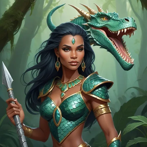 Prompt: Ss'thara Ss'kara is a majestic Lizardmen warrior queen, standing tall at a formidable height of 8 feet. Her scales shimmer in an intricate pattern of emerald greens and gilded golds, reflecting the sunlight that filters through the dense canopy of the ancient swamp she calls home. Her eyes, the color of molten amber, are sharp and piercing, capable of spotting prey from great distances. A regal crest of azure scales runs from her forehead to the base of her neck, signifying her royal lineage. Her tail, a powerful and versatile tool, is adorned with gleaming gold and jewel-encrusted rings, each telling a story of her valorous battles. Her muscular physique is a testament to her prowess in combat, yet she moves with an unmatched grace that belies her deadly capabilities. Ss'thara wields a weapon of ancient design: a ceremonial staff forged from the bone of a colossal swamp dragon, intricately carved and inlaid with precious materials, symbolizing her status as both a fierce protector and a wise leader. Her attire is minimalistic yet elegant, consisting of strategically placed armor plates made from the same dragon's scales, leaving most of her lithe body uncovered to showcase her natural armor and the battle-scarred history etched upon her. Her long, clawed fingers and toes end in sharp, gleaming talons that she keeps meticulously maintained. Her face, while reptilian, holds an unexpected softness to it, with delicate ridges framing her high cheekbones and a set of sharp, yet sensual, lips that can curve into a comforting smile or a terrifying snarl. Her movements exude an aura of both nobility and primal power.