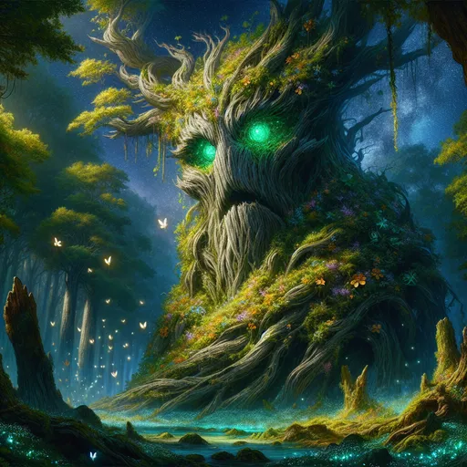 Prompt: "A colossal tree-like being with bark as strong as stone and eyes that glow with verdant life stands in the center of an overgrown, magical forest. Vines and flowers grow in real time across its body as it moves, and glowing insects hover in the air around it. The forest floor is alive with bioluminescent plants, creating an otherworldly glow."