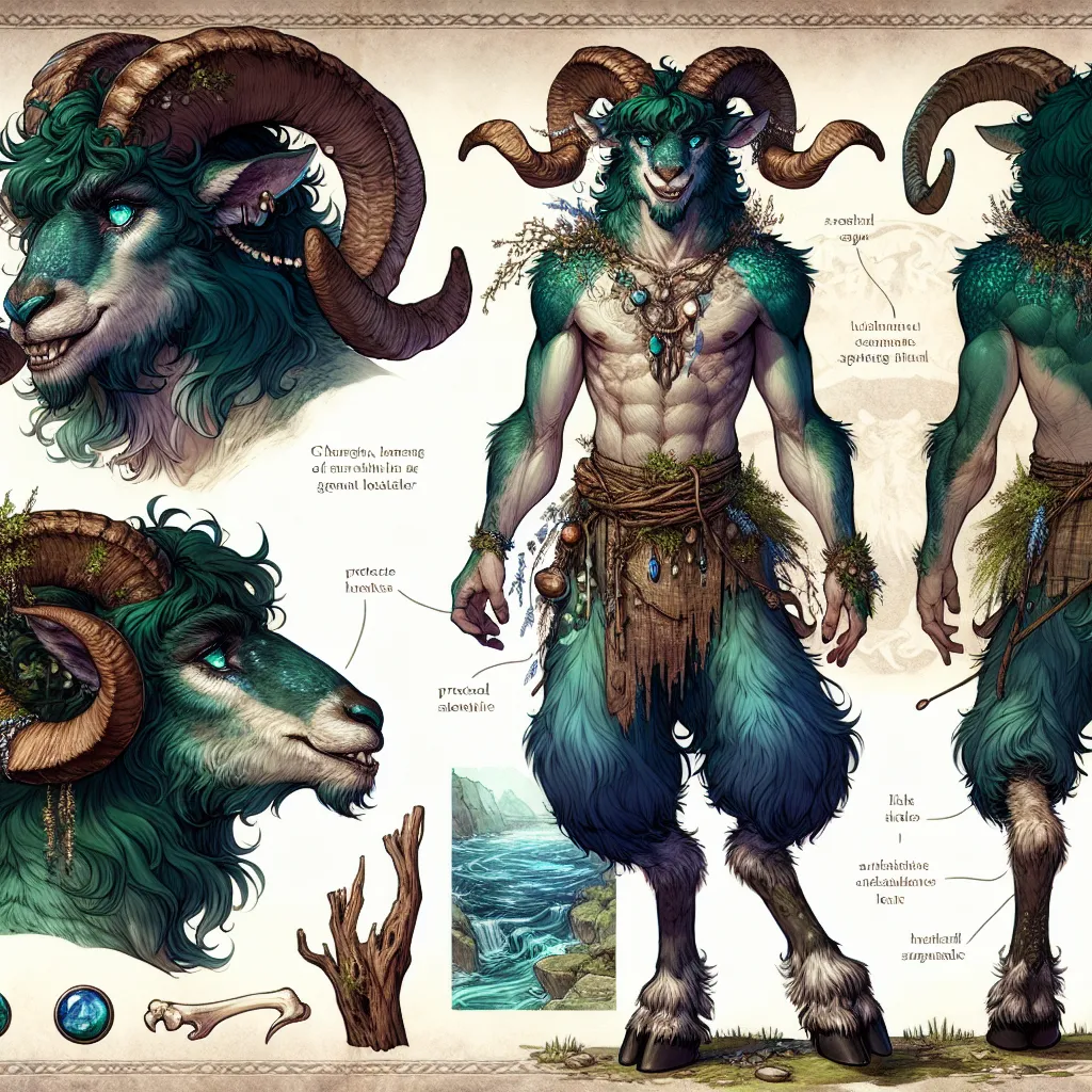 Prompt: Satyr, male, 150 years old, late 20s appearance, deep emerald fur, human-goat blend, turquoise-seafoam eyes, vine-adorned ram horns, strong jawline, high cheekbones, bare chest, fine abdominal fur, goat legs, cloven hooves, aquatic blue-green tail, vine belt, forest dweller, druidic necklace, polished river stones, mythical beast teeth, woven belt, handcrafted tools, adventurous spirit, charming personality, empathetic, protective, wise, mischievous, romantic, storyteller, spirit of nature.