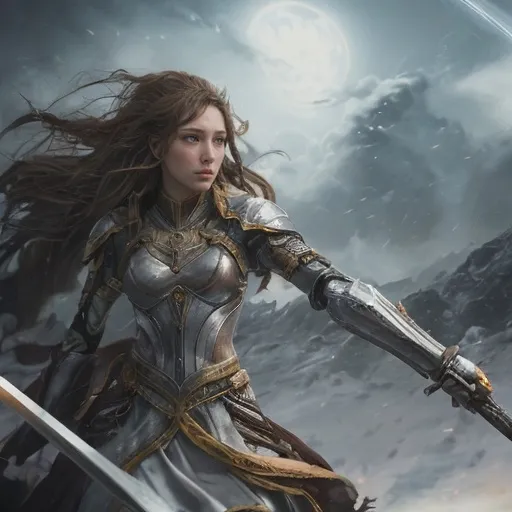 Prompt: Leona, breathing heavily, felt the weight of her duty. The tempest within her had been a double-edged sword, a power that could both protect and destroy. With the enemy leader defeated, the tempest's hunger for battle receded, leaving behind a profound sense of responsibility.